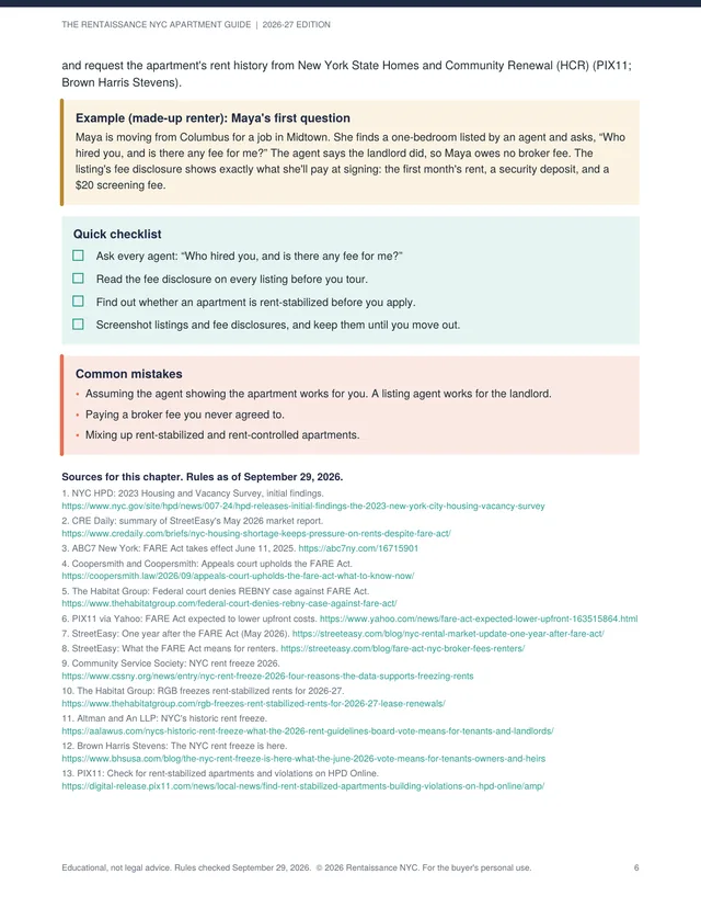 A guide page with a made-up renter example, a quick checklist, a common mistakes box, and the chapter's numbered sources.